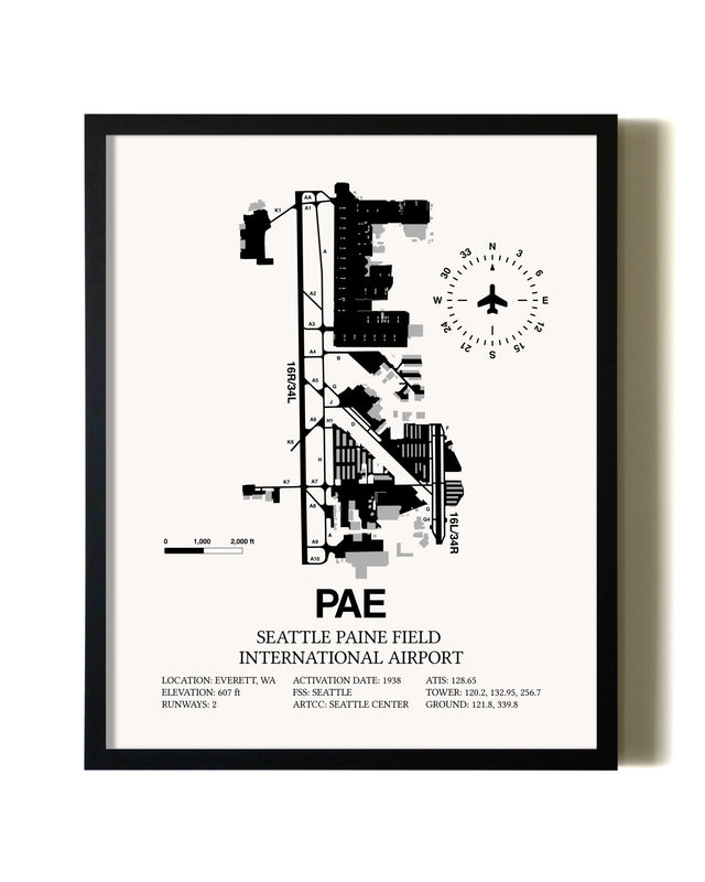 Framed Seattle Paine Field International Airport wall art poster in black frame