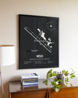 Gray Framed Missoula Montana Airport wall art poster in black frame