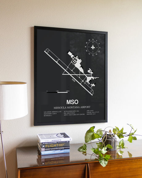Gray Framed Missoula Montana Airport wall art poster in black frame