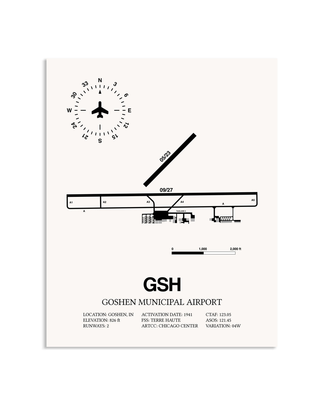 Gray Goshen Municipal Airport framed poster displayed in an airplane hangar