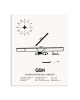 Gray Goshen Municipal Airport framed poster displayed in an airplane hangar