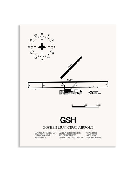 Gray Goshen Municipal Airport framed poster displayed in an airplane hangar