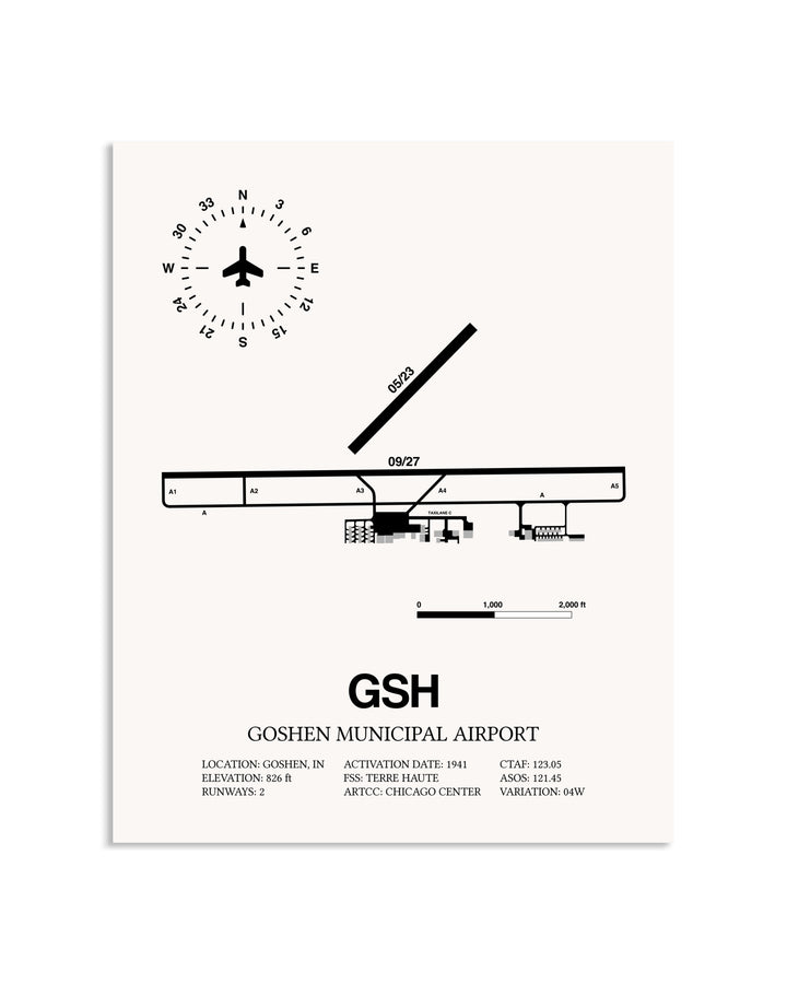 Gray Goshen Municipal Airport framed poster displayed in an airplane hangar