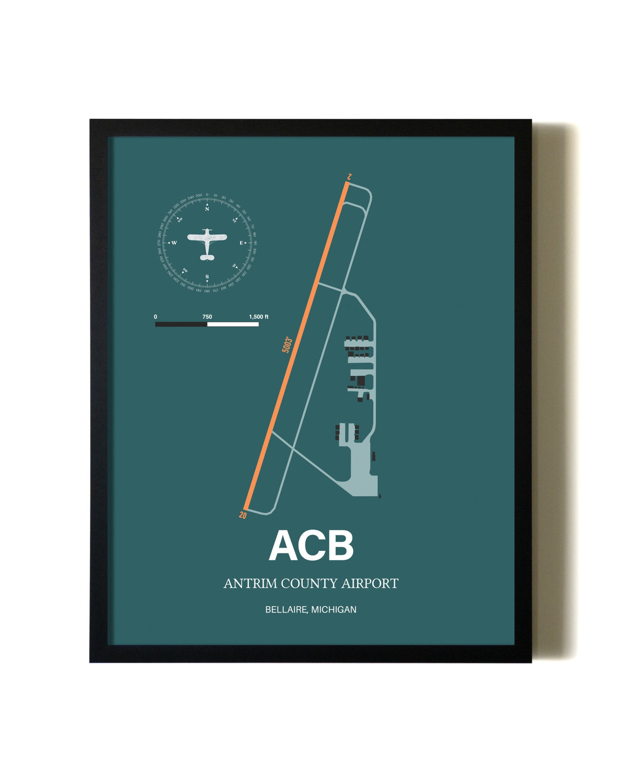 Green Antrim County Airport aviation wall décor in black wood frame