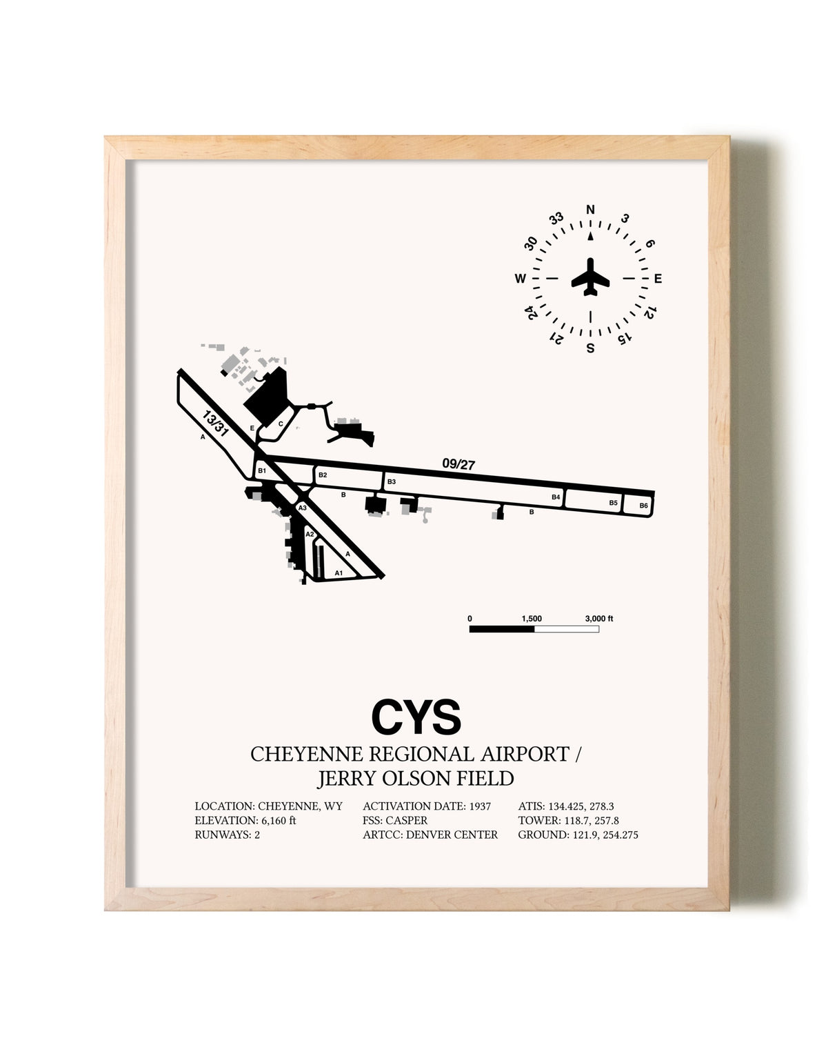 Cheyenne Regional Airport / Jerry Olson Field framed wall art in white frame