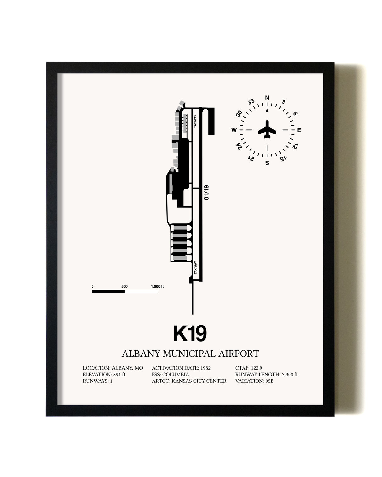 Framed Albany Municipal Airport wall art poster in black frame