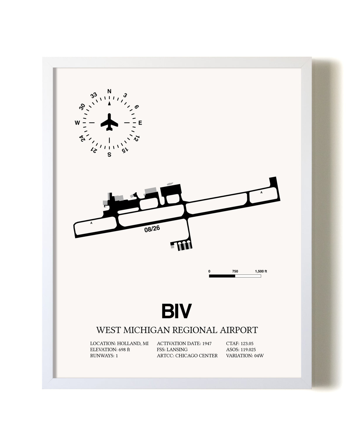 West Michigan Regional Airport airport map poster in oak frame
