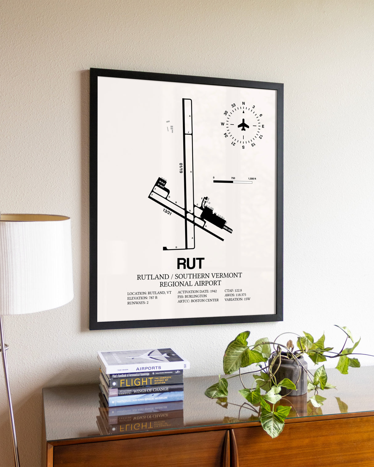 Rutland / Southern Vermont Regional Airport aviation wall décor in black wood frame