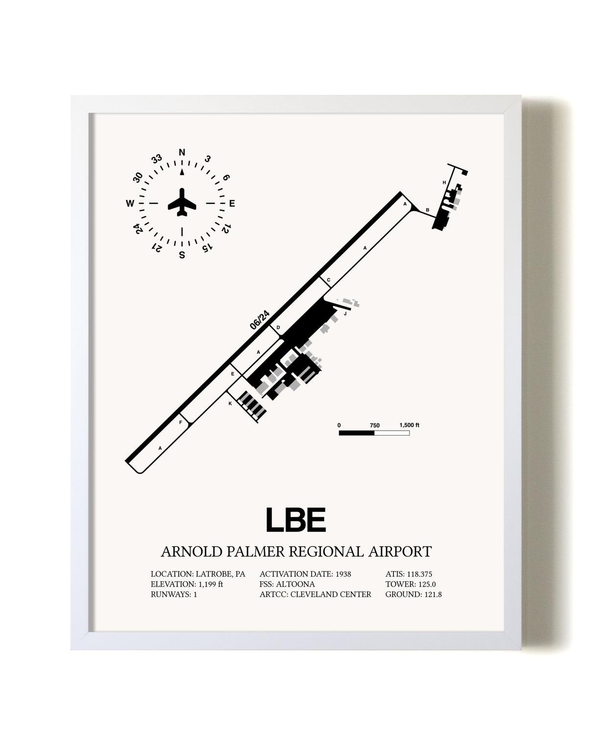 Arnold Palmer Regional Airport airport map poster in oak frame