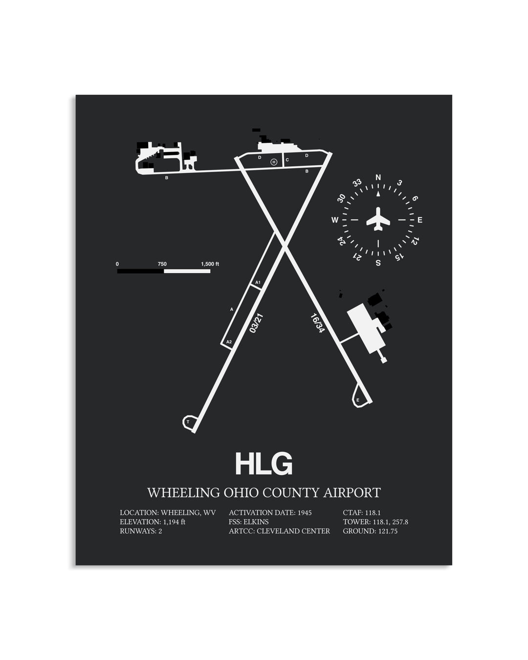 Gray Framed Wheeling Ohio County Airport layout wall art poster
