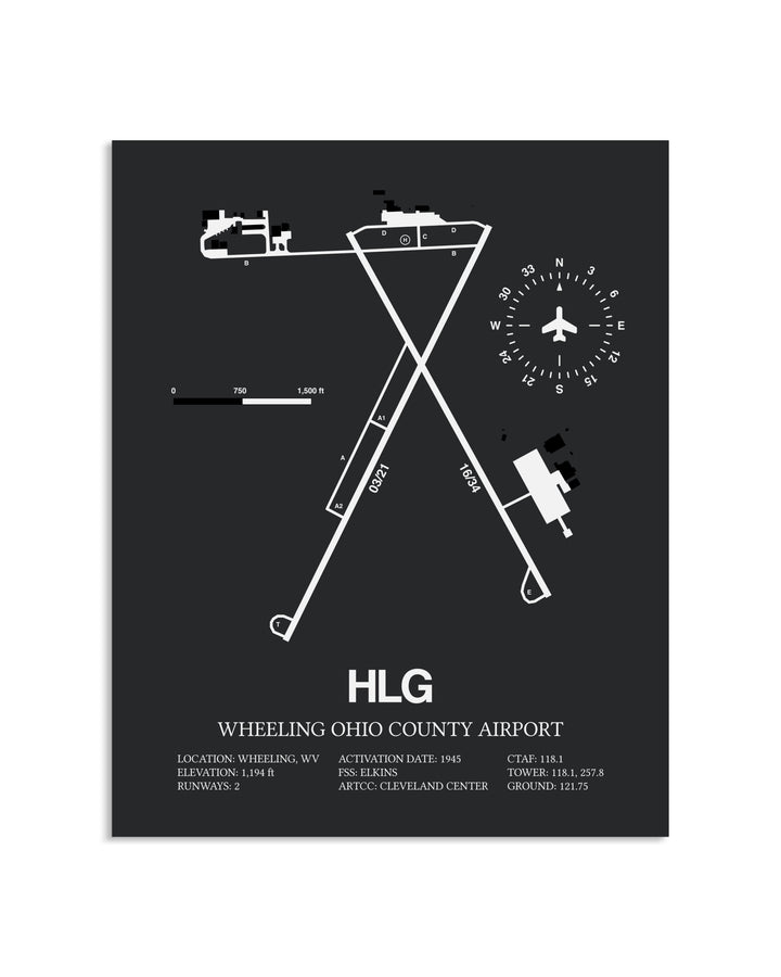 Gray Framed Wheeling Ohio County Airport layout wall art poster