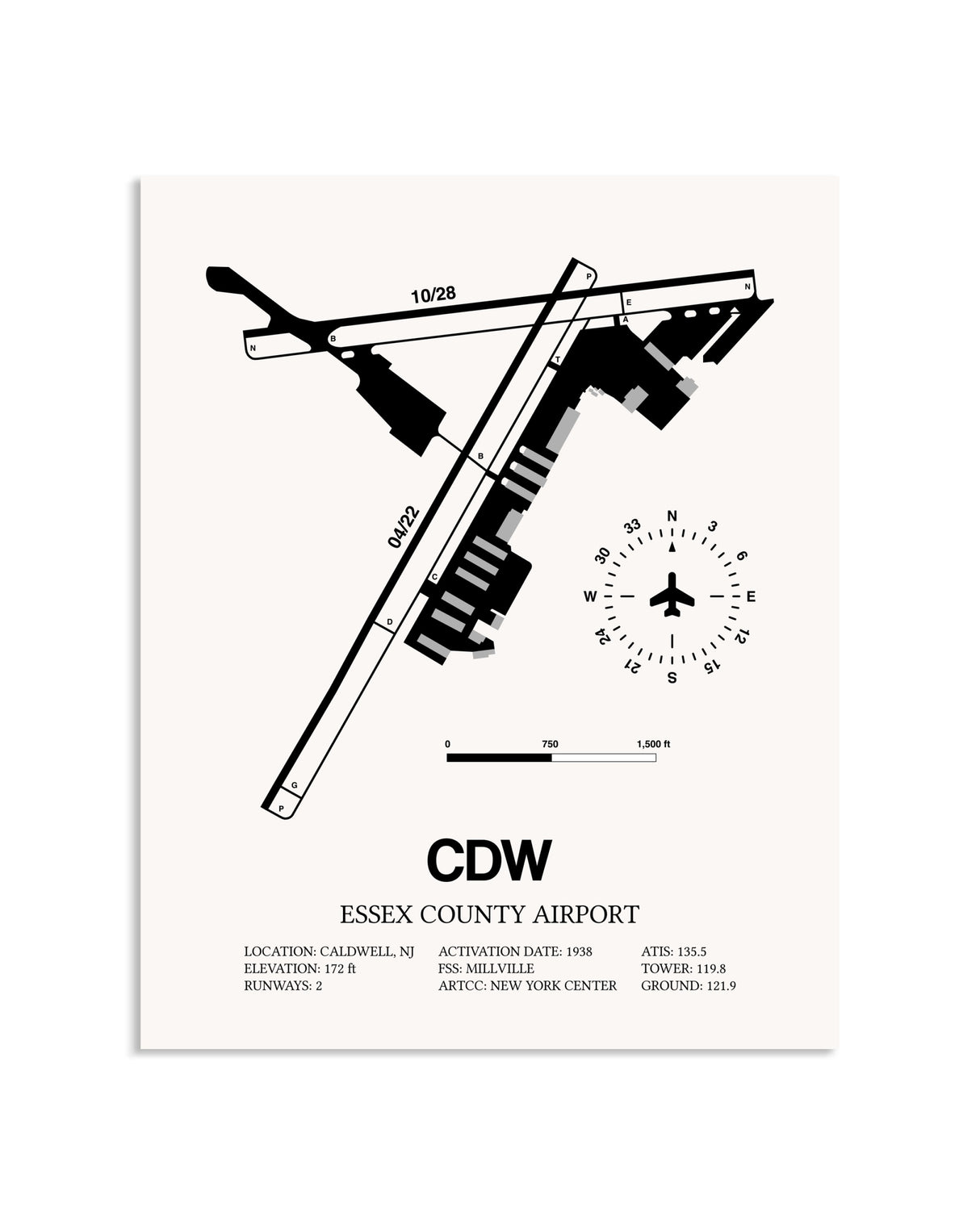 Gray Essex County Airport framed poster displayed in an airplane hangar