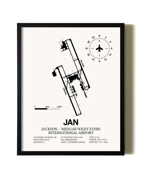 Framed Jackson-Medgar Wiley Evers International Airport wall art poster in black frame