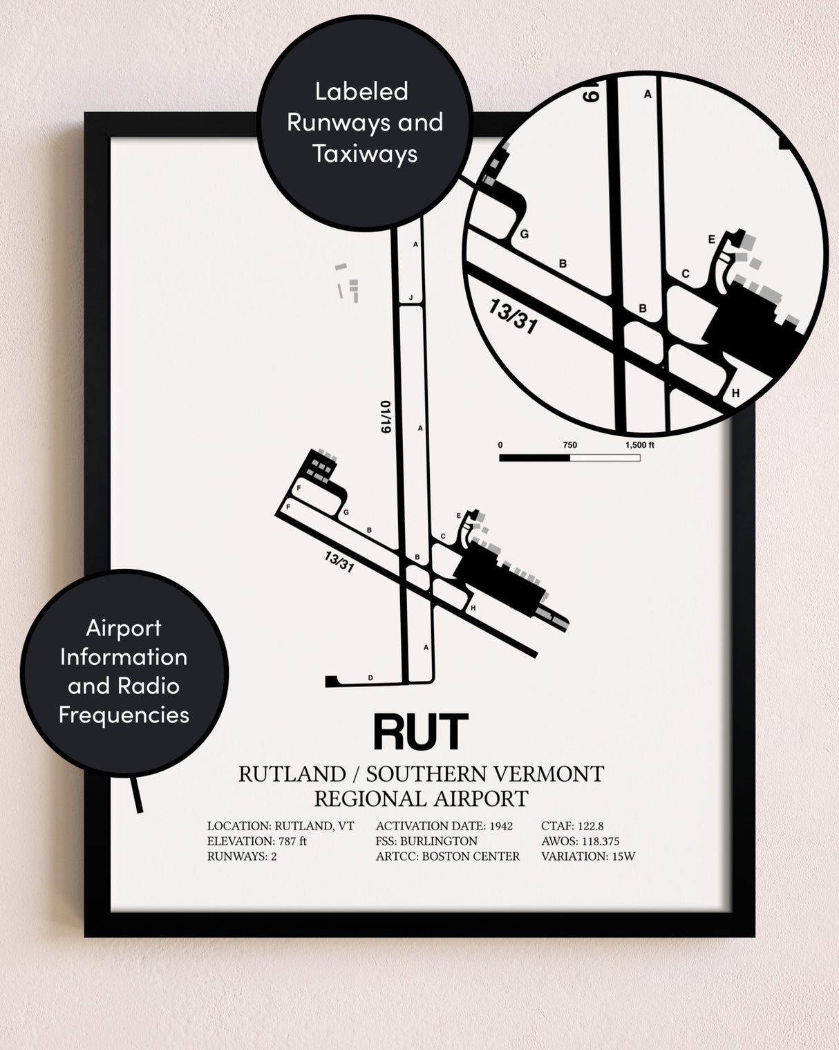 Framed Rutland / Southern Vermont Regional Airport layout wall art poster