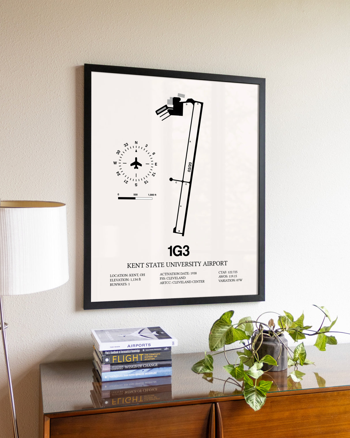 Kent State University Airport aviation wall décor in black wood frame