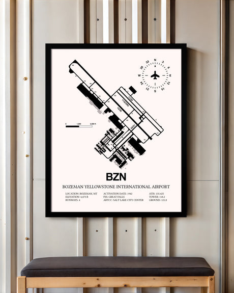 Bozeman Yellowstone International Airport framed poster displayed in an airplane hangar