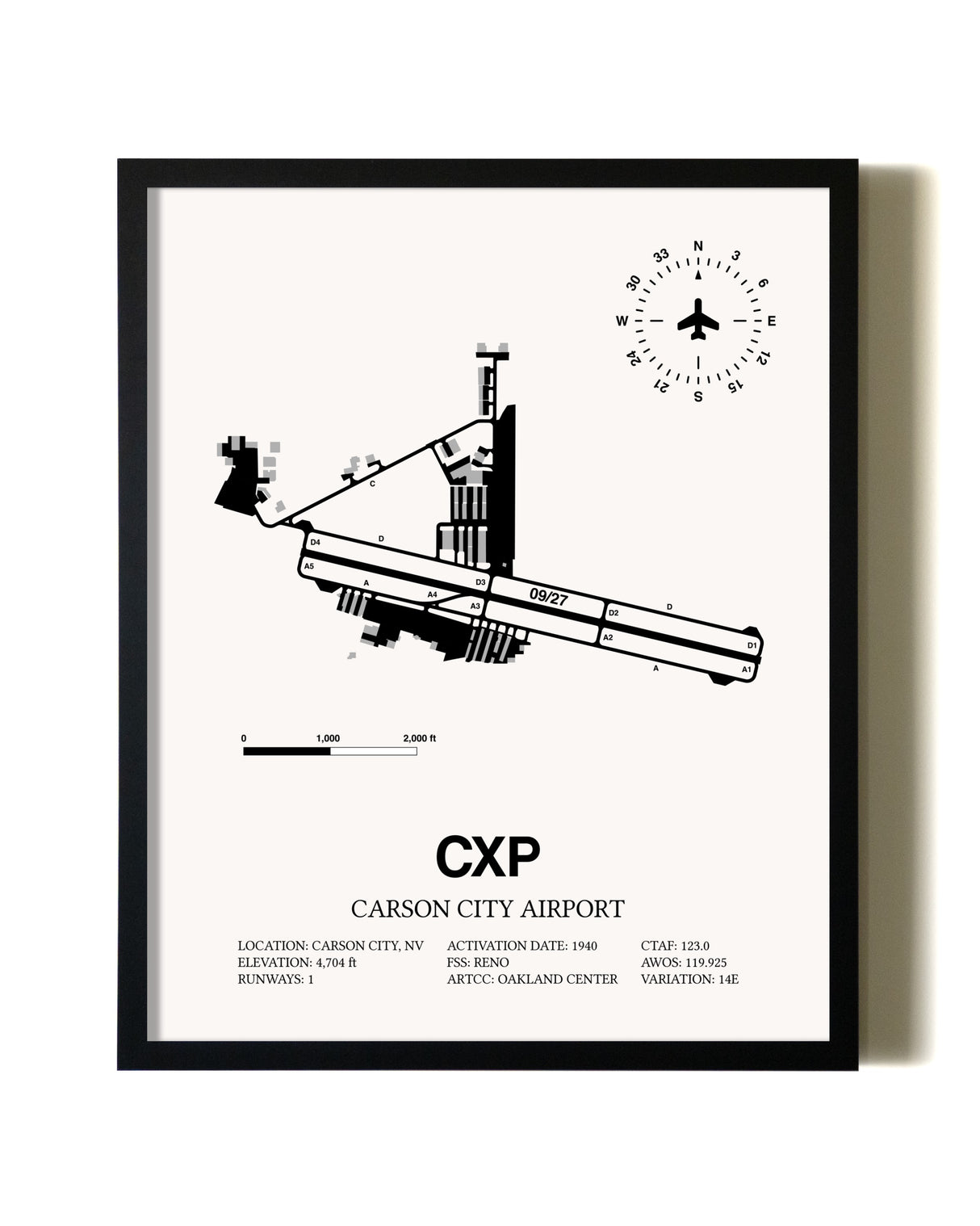 Framed Carson City Airport wall art poster in black frame