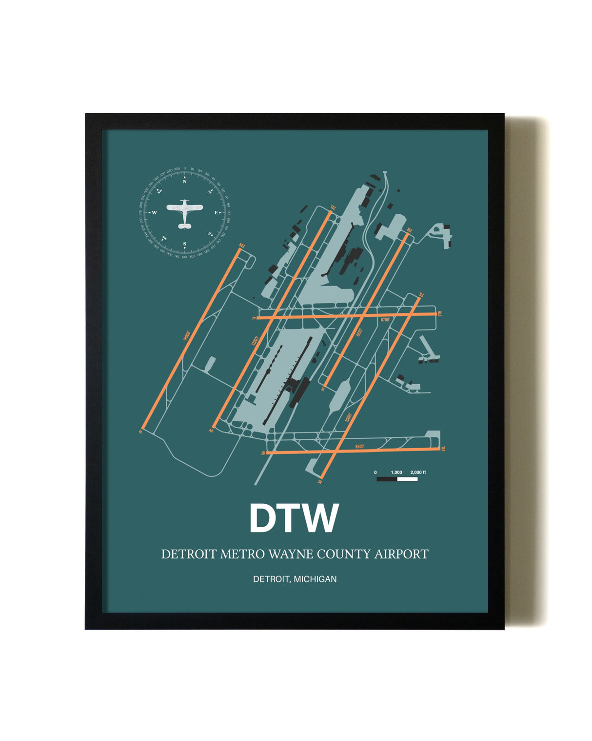 Green Detroit Metro Wayne County Airport aviation wall décor in black wood frame