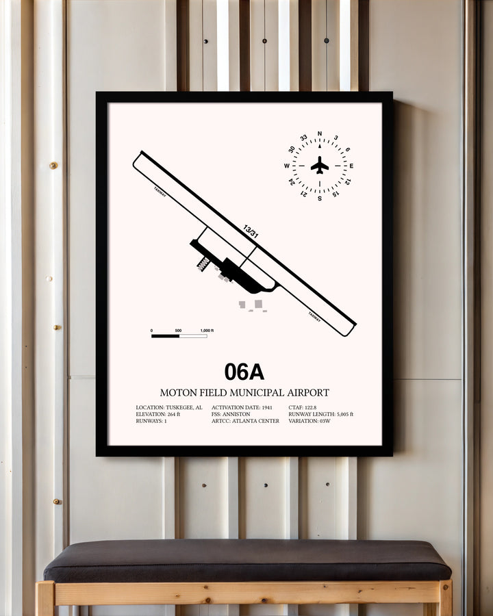 Moton Field Municipal Airport framed poster displayed in an airplane hangar