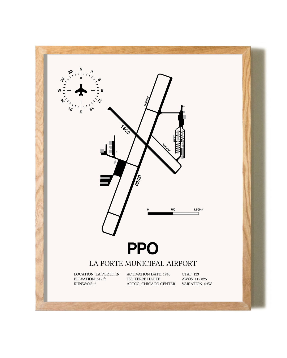 La Porte Municipal Airport framed print in natural wood frame