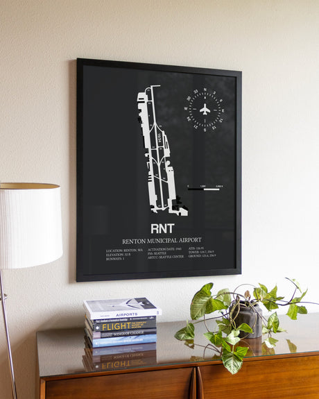 Gray Framed Renton Municipal Airport wall art poster in black frame