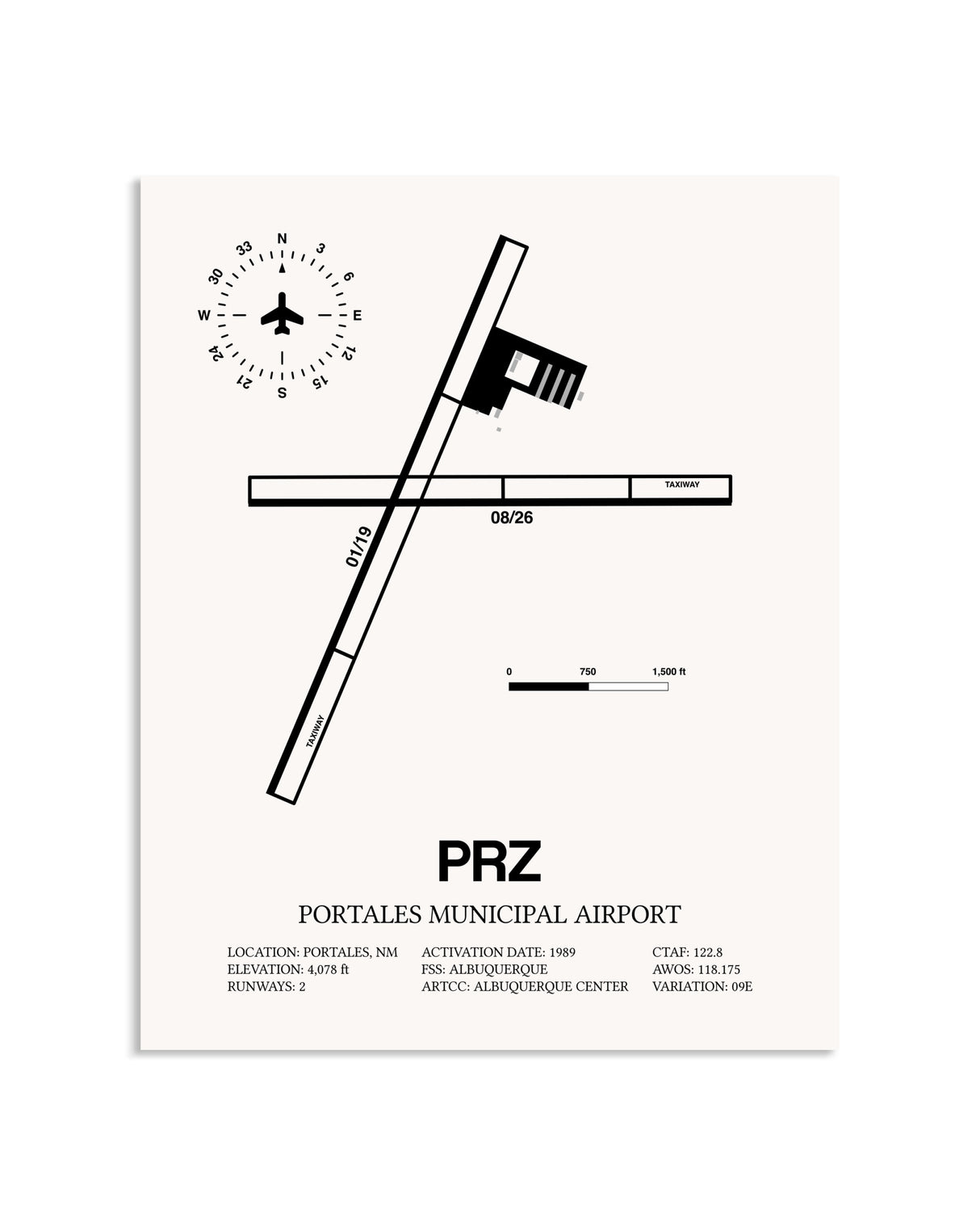 Gray Portales Municipal Airport framed poster displayed in an airplane hangar