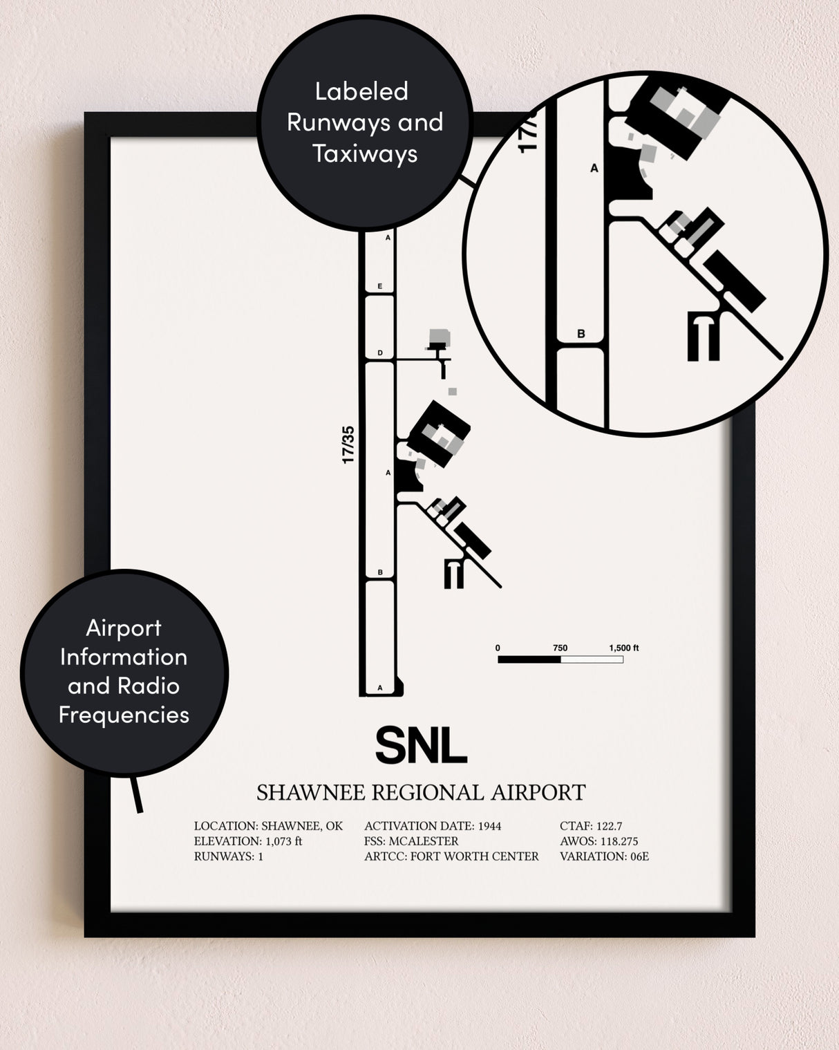 Framed Shawnee Regional Airport layout wall art poster