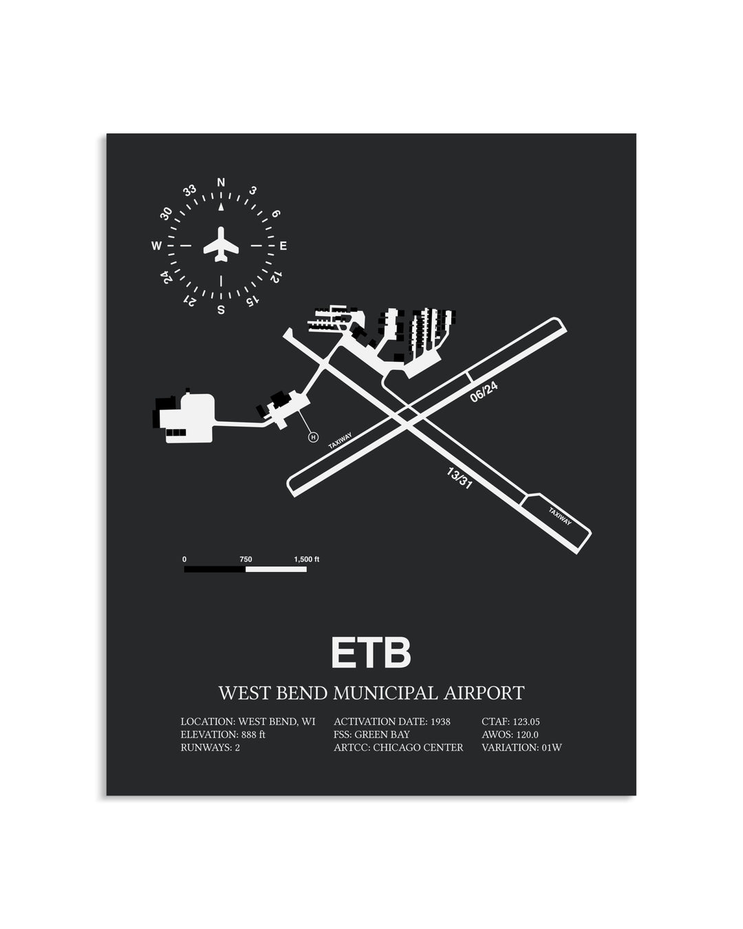 Gray Framed West Bend Municipal Airport layout wall art poster