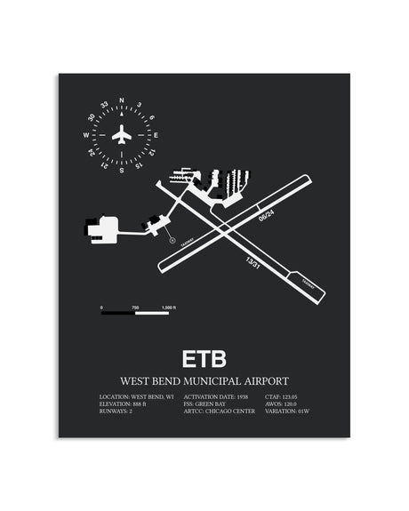 Gray Framed West Bend Municipal Airport layout wall art poster