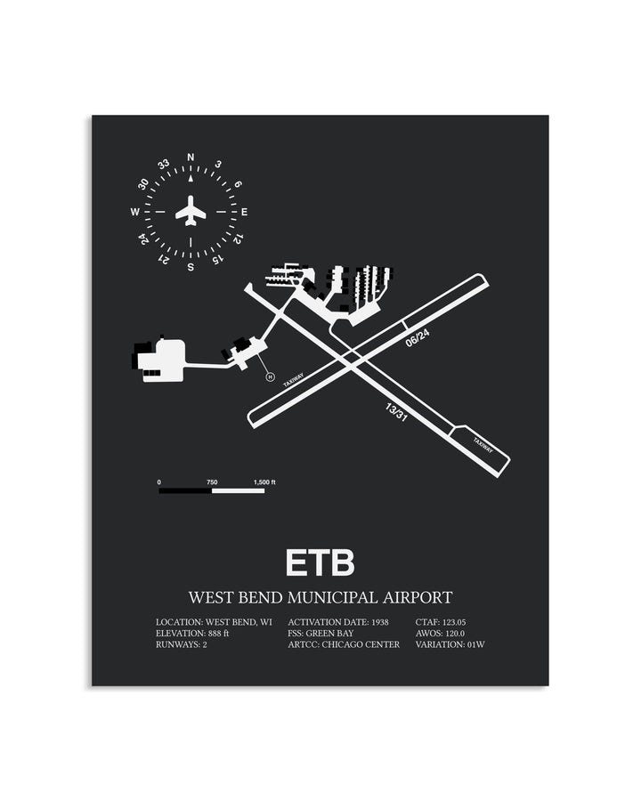 Gray Framed West Bend Municipal Airport layout wall art poster