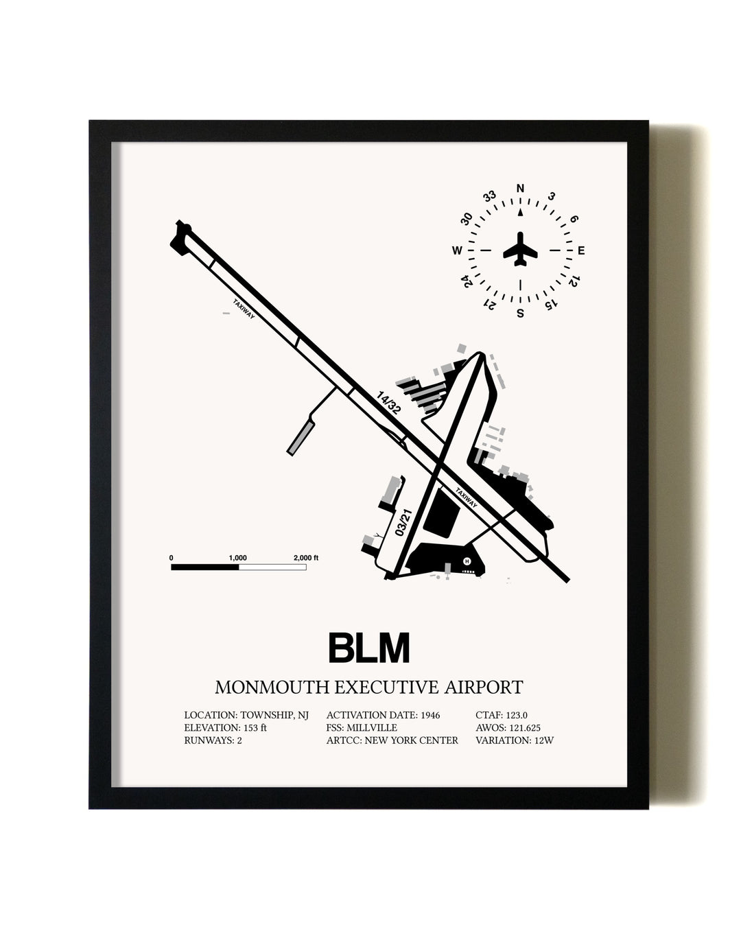 Framed Monmouth Executive Airport wall art poster in black frame