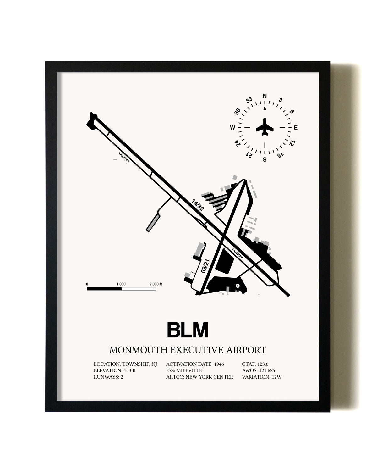Framed Monmouth Executive Airport wall art poster in black frame