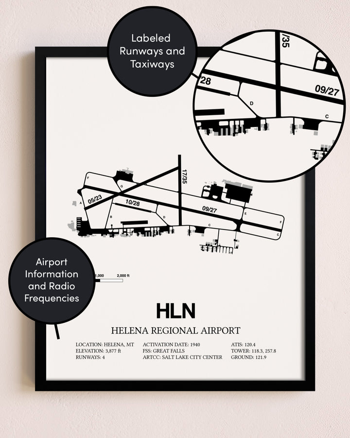 Framed Helena Regional Airport layout wall art poster