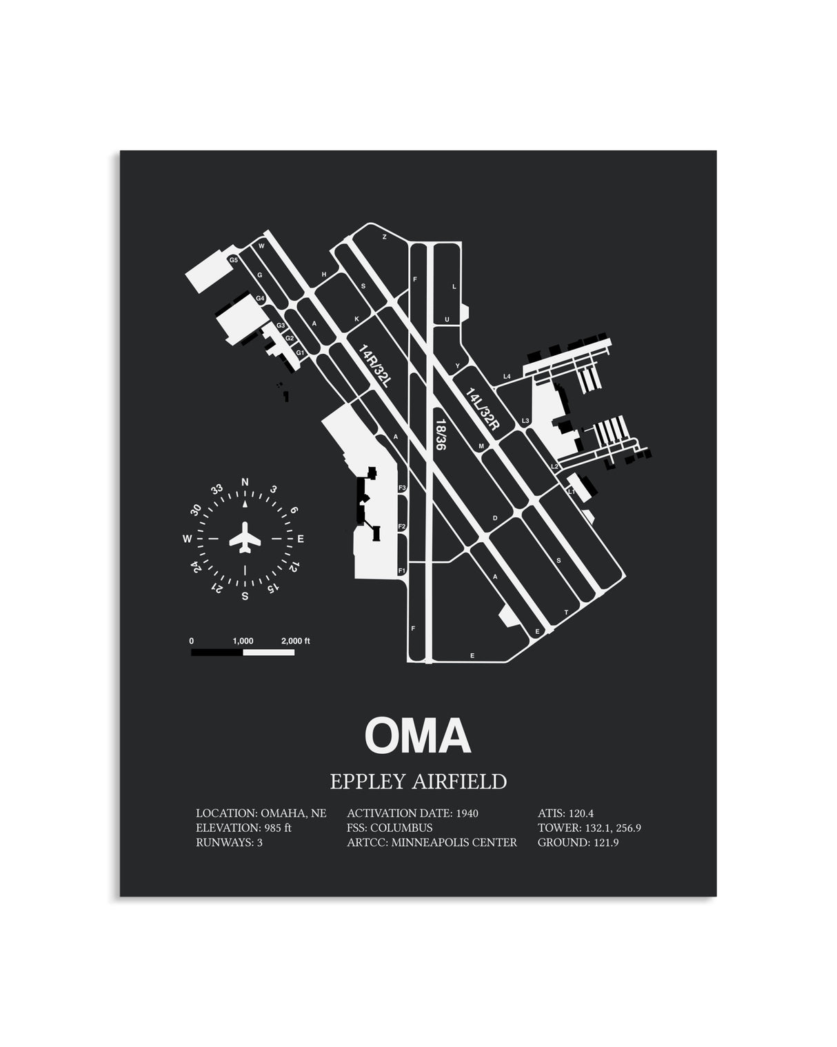 Gray Framed Eppley Airfield layout wall art poster