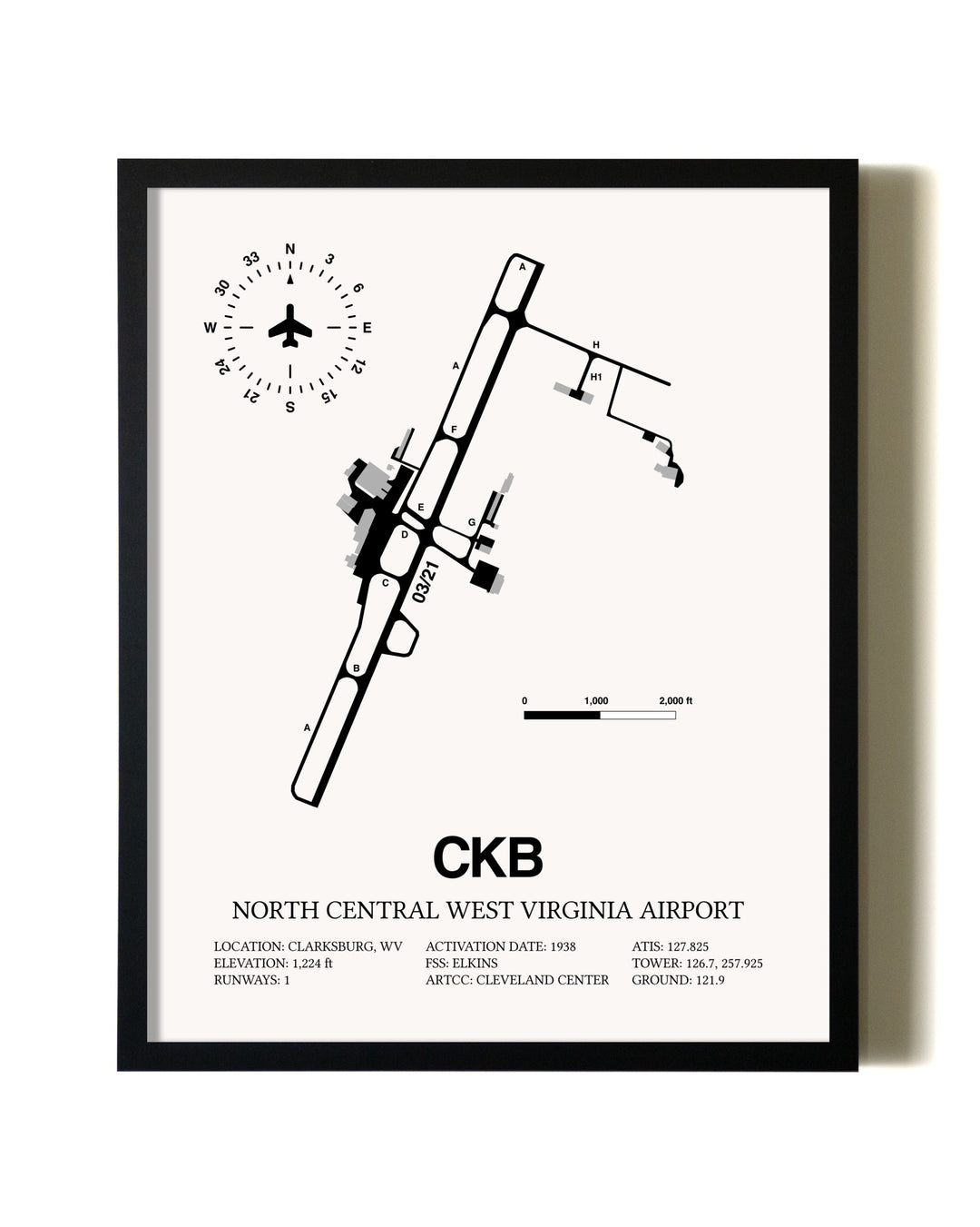 Framed North Central West Virginia Airport wall art poster in black frame