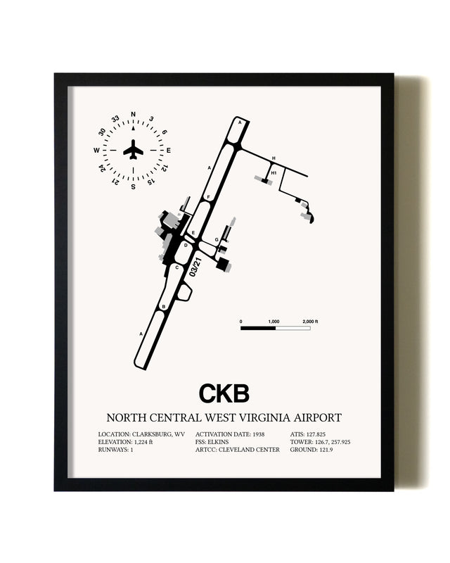 Framed North Central West Virginia Airport wall art poster in black frame