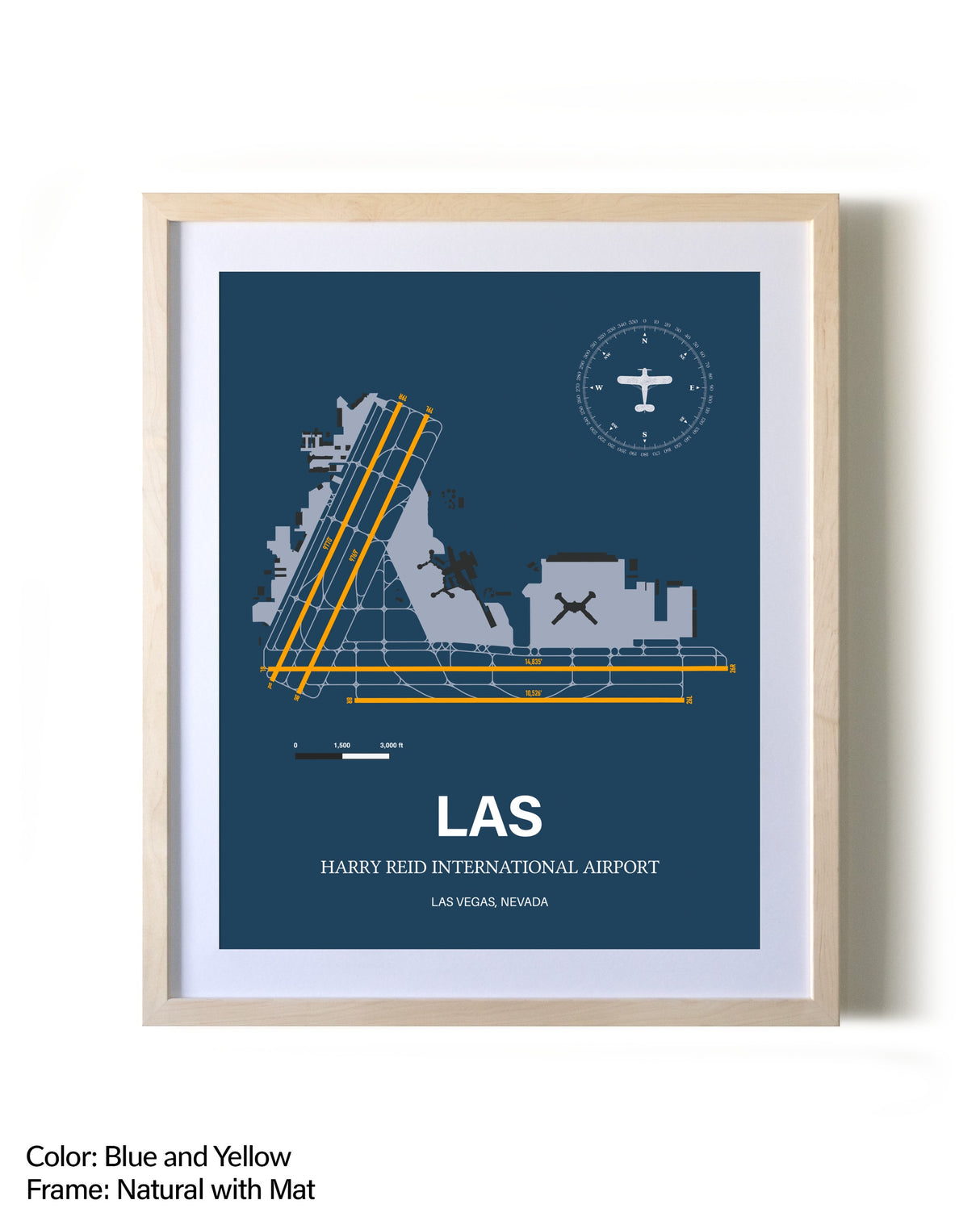 Harry Reid International Airport framed print in natural wood frame with mat