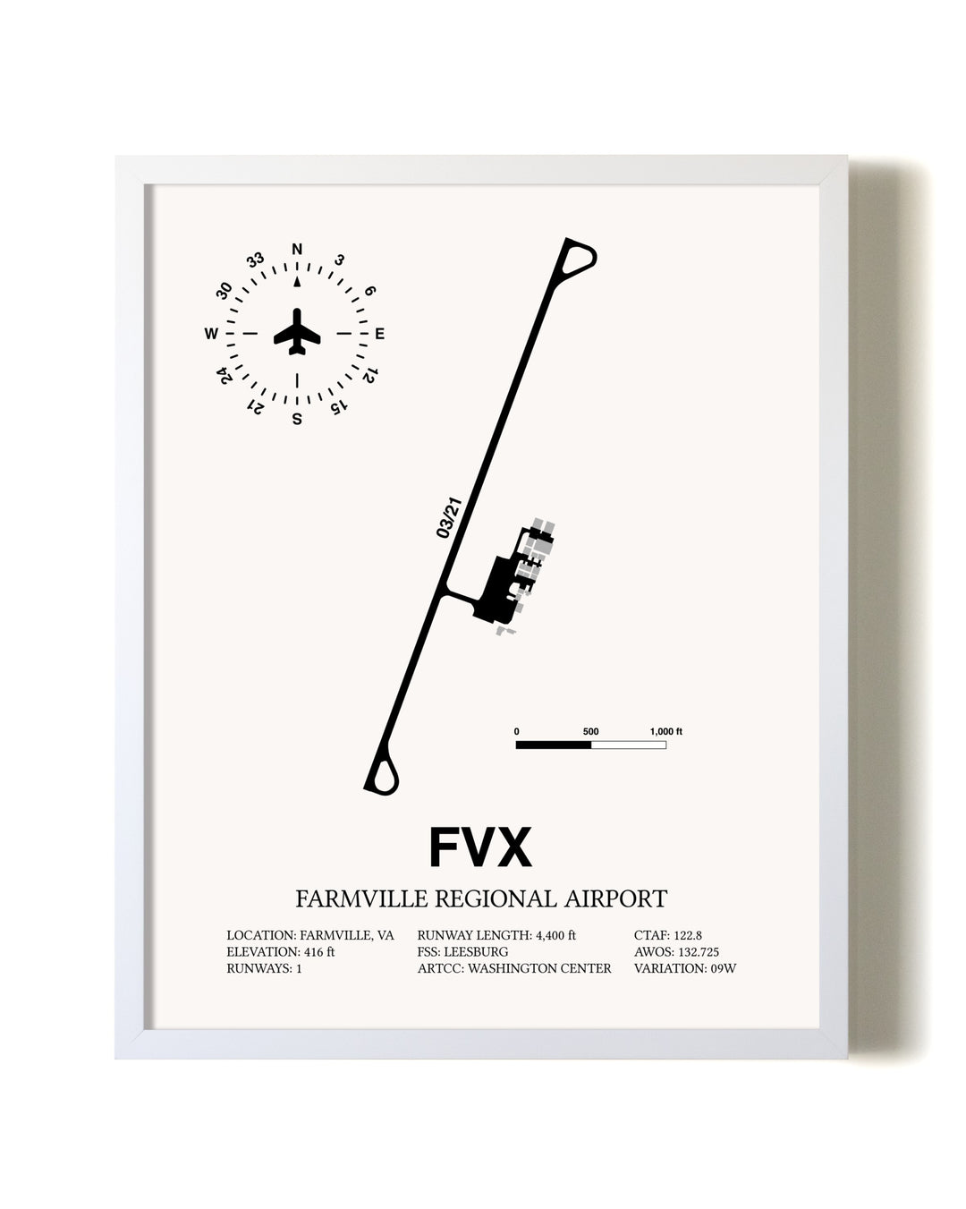 Farmville Regional Airport airport map poster in oak frame