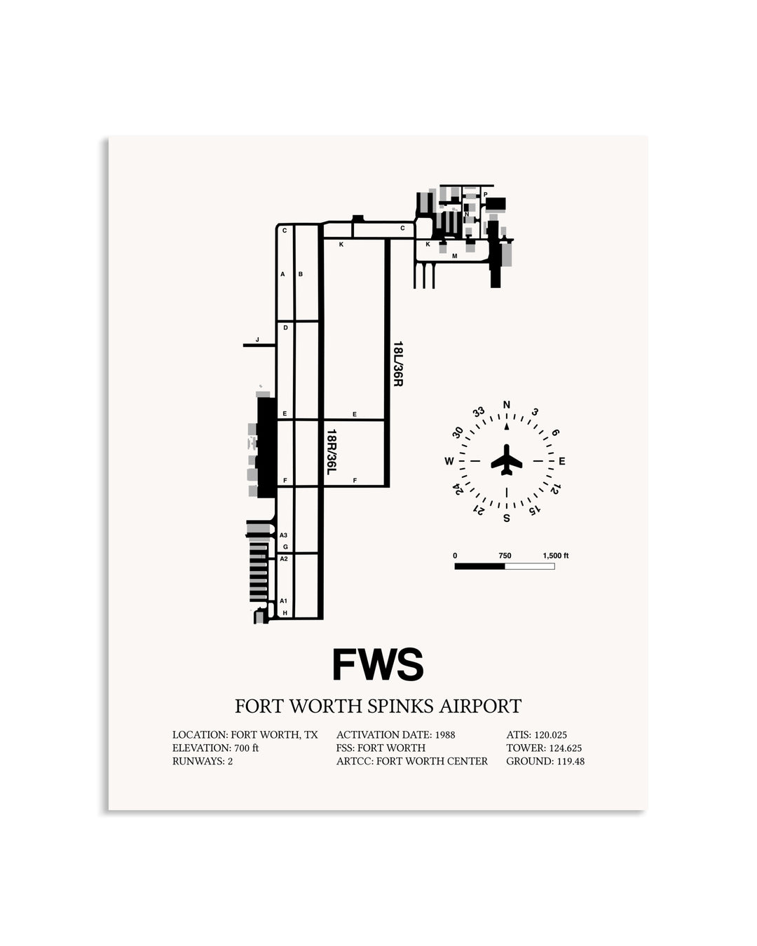 Gray Fort Worth Spinks Airport framed poster displayed in an airplane hangar