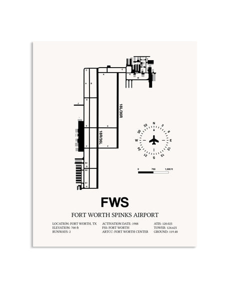 Gray Fort Worth Spinks Airport framed poster displayed in an airplane hangar