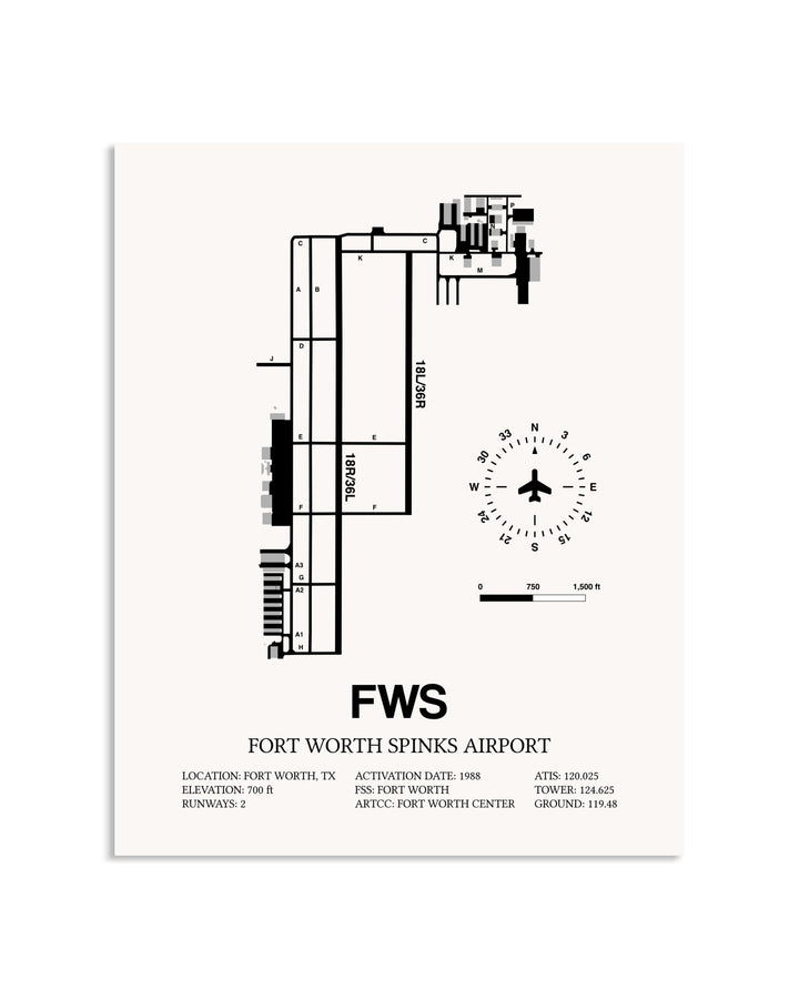 Gray Fort Worth Spinks Airport framed poster displayed in an airplane hangar