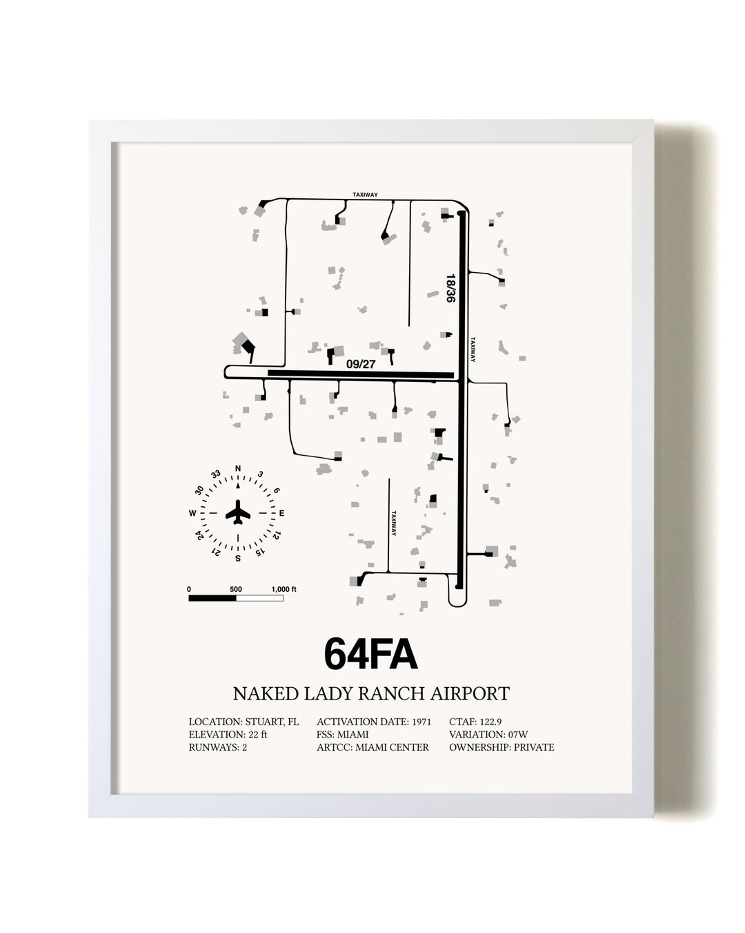 Naked Lady Ranch Airport airport map poster in oak frame