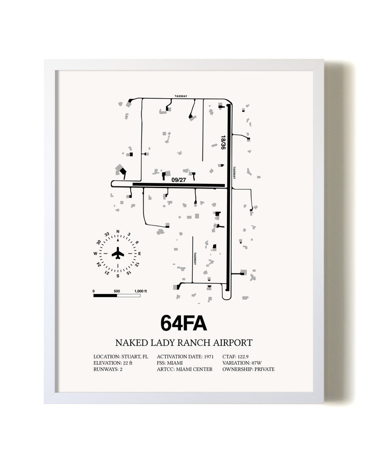 Naked Lady Ranch Airport airport map poster in oak frame