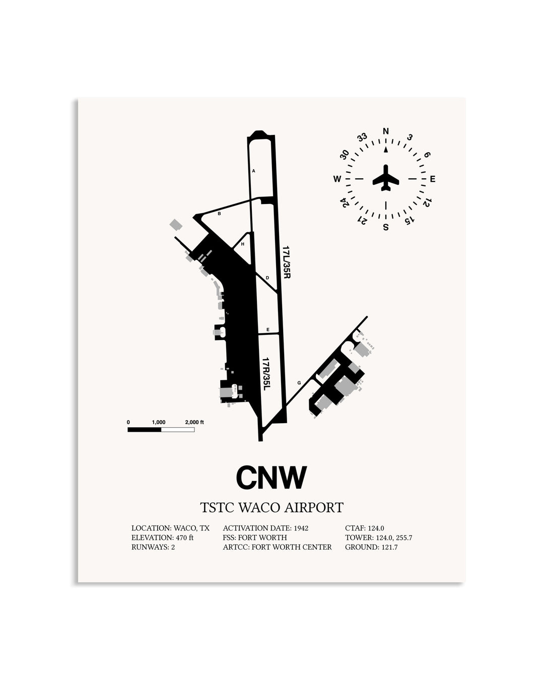 Gray TSTC Waco Airport framed poster displayed in an airplane hangar
