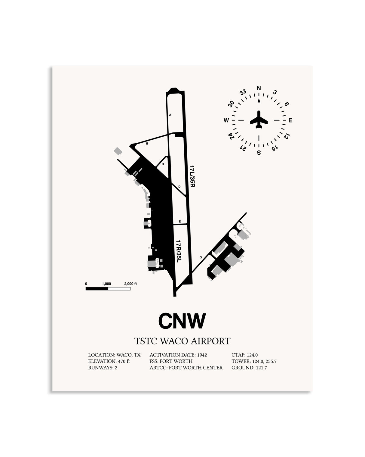 Gray TSTC Waco Airport framed poster displayed in an airplane hangar