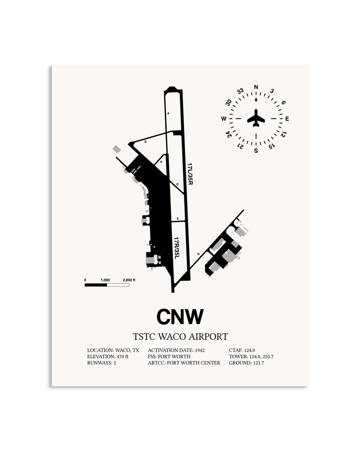 Gray TSTC Waco Airport framed poster displayed in an airplane hangar