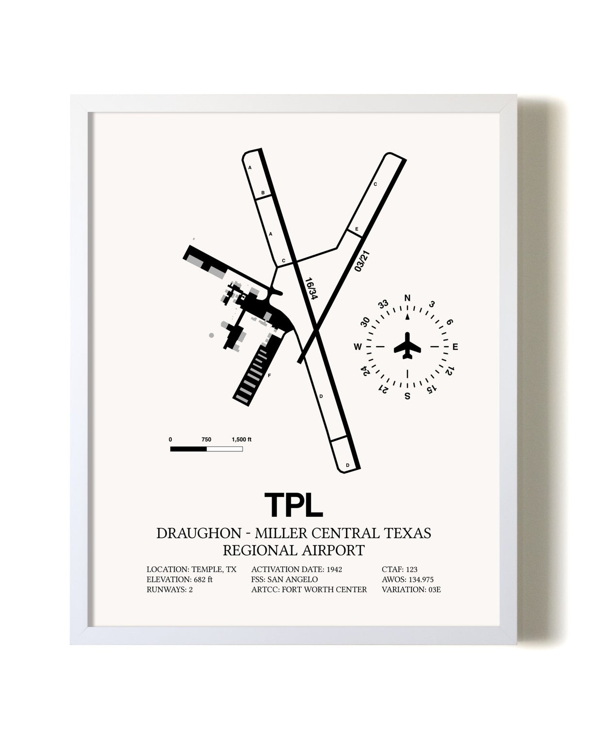Draughon-Miller Central Texas Regional Airport airport map poster in oak frame