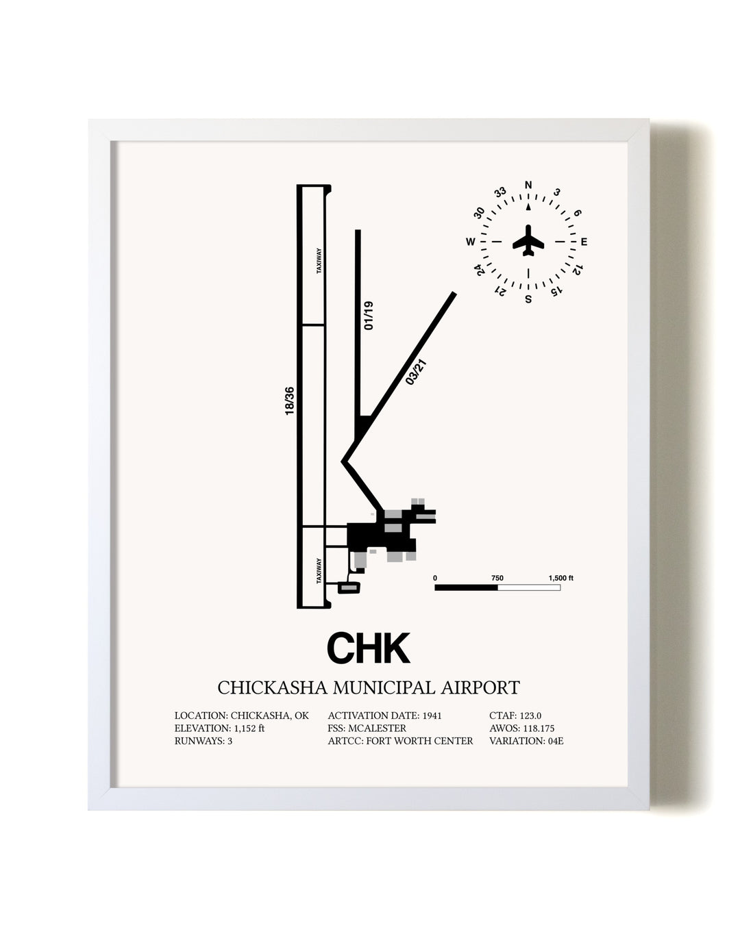 Chickasha Municipal Airport airport map poster in oak frame