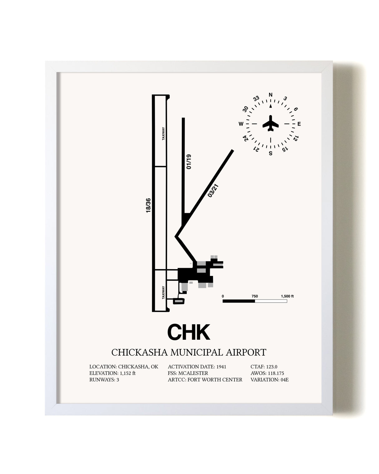 Chickasha Municipal Airport airport map poster in oak frame
