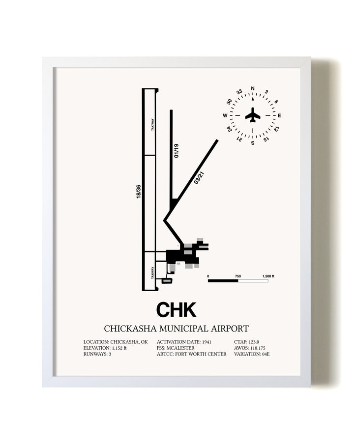 Chickasha Municipal Airport airport map poster in oak frame